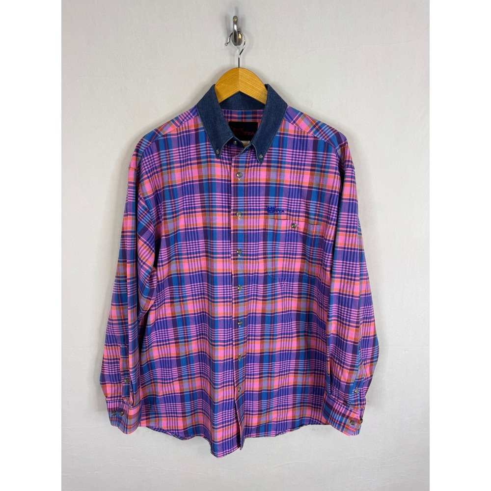 Mo Betta Mens Plaid Western Shirt Pink Purple Blue Denim Collar L MO1202M